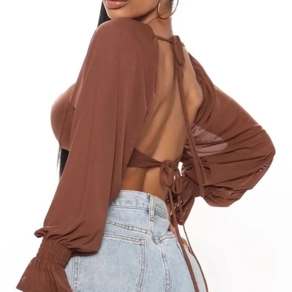 Fashion Nova Women's XS Match My Vibe Cropped Mesh Top in Mocha Brown - Picture 3 of 3